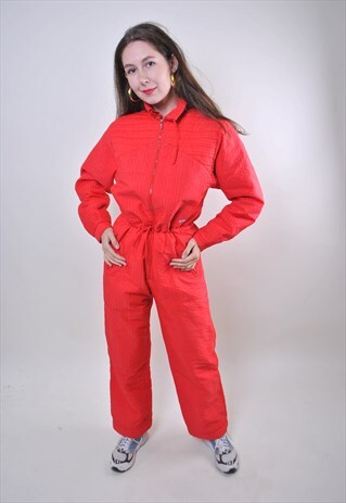 80S RED ONE PIECE SKI SUIT, VINTAGE WOMEN HOODED SNOW SUIT