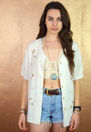90S VINTAGE BOHO WHITE FLORAL EMBROIDERED HIPPY BLOUSE