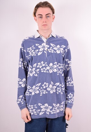 MENS VINTAGE POLO SHIRT LONG SLEEVE MEDIUM BLUE FLORAL 90S