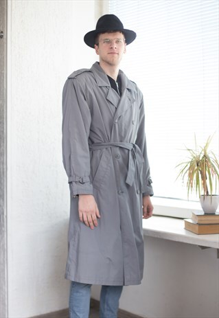 VINTAGE 80'S DOUBLE BREASTED BELTED TRENCH COAT IN GREY