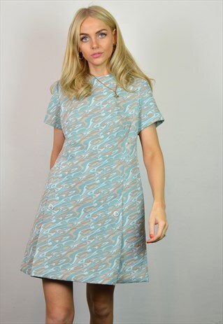 VINTAGE 60S TURQUOISE GOLD & WHITE CRIMPLENE MINI DRESS