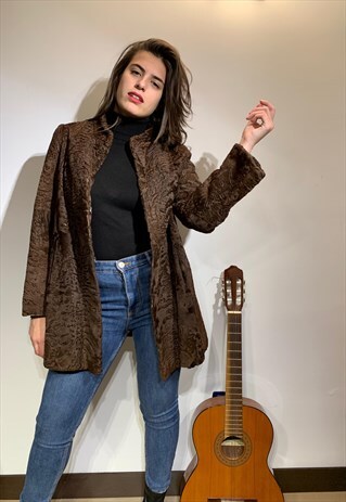 RARE VINTAGE 70S ASTRAKAN FAUX FUR COAT IN BROWN