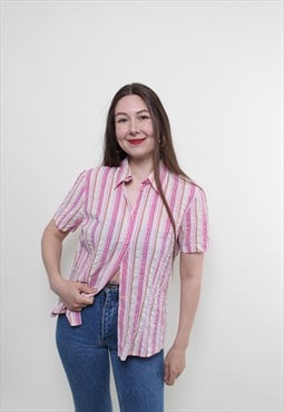 Vintage 90s pink blouse, summer button up blouse