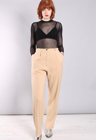 VINTAGE 80S BEIGE LINEN HIGH WAISTED PLEAT FRONT TROUSERS