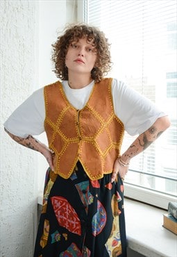 Vintage Bohemian Brown Suede Crochet Patches Vest