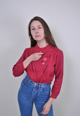 VINTAGE ROSES EMBROIDERY SWEATER, HIGH NECK RED PULLOVER