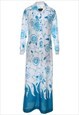 Vintage 1970s Floral Print Aqua Blue & White Shirt Dress - M