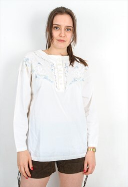 Folk Embroidered Blouse Shirt UK 6/8 Pearls Top US 2/4 VTG