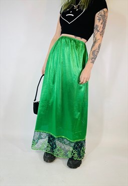 Vintage 90s 00s Y2K Grunge Satin Green Lace Maxi Skirt