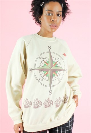 VINTAGE 90S JUMPER SWEATER TOP Y2K CREAM COMPASS PRINT