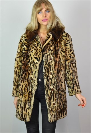 PREMIUM VINTAGE 60S BROWN & LEOPARD PRINT FAUX FUR COAT