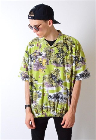 VINTAGE 90S GREEN PALM TREE 1/4 BUTTON SHORT SLEEVE SHIRT