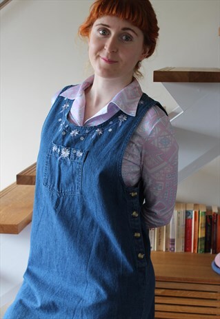VINTAGE 90S BLUE DENIM PINAFORE MAXI DRESS FLORAL EMBROIDERY