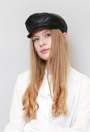 VINTAGE STYLE SOFT BLACK LEATHER NEWSBOY CAP