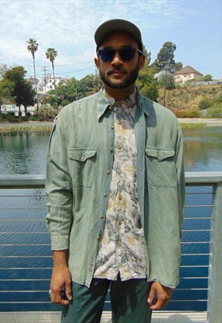 90S OVERDYED MINERAL WASH GREEN LINEN BLEND SHIRT LARGE