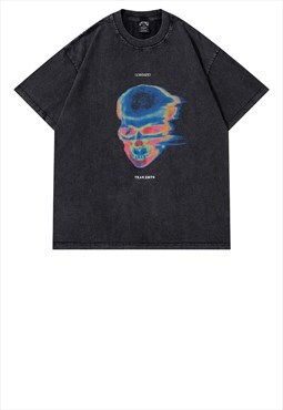 Thermal skull print t-shirt Y2K bones skater tee in grey