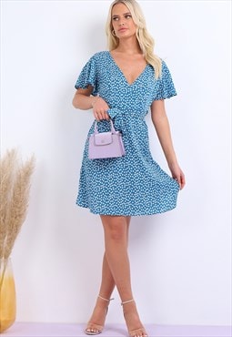 Summer Blue Daisy Dot Wrap Front Mini Dress