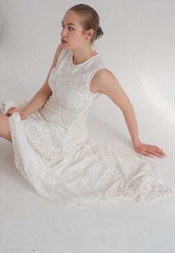 Vintage Floral Lace Maxi Wedding Dress in Cream White M