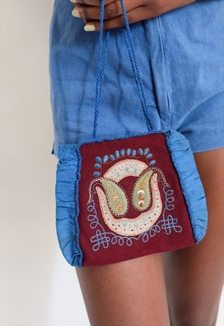 VINTAGE 1900S EDWARDIAN EMBROIDERED PAISLEY MINI BAG