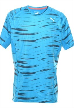 Vintage Puma Blue & Grey Abstract Stripe Printed T-shirt - M
