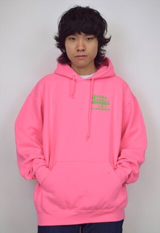 VINTAGE 90S "HAPPY HOOKER" NEON PINK HOODIE