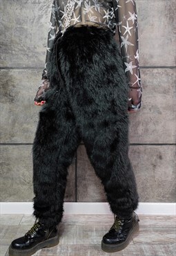 Luxury faux fur joggers premium fleece handmade pants black