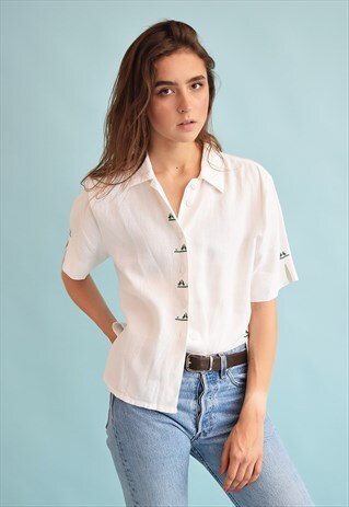 80'S RETRO FOLK EMBROIDERY OVERSIZED LINEN BLOUSE TOP