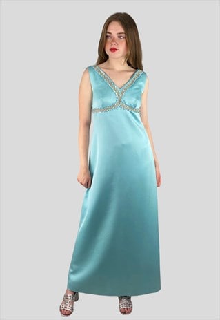 TREVIRA 60'S VINTAGE LADIES MAXI DRESS BLUE SATIN GOLD LUREX