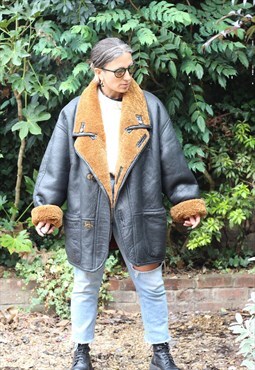 Vintage 1990s oversized leather shearling Black and Tan coat