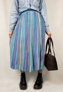 Vintage 70s blue colorful striped knitted midi skirt
