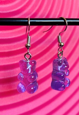 VINTAGE INSPIRED EARRINGS GUMMY BEARS IN PURPLE WITH SILVER