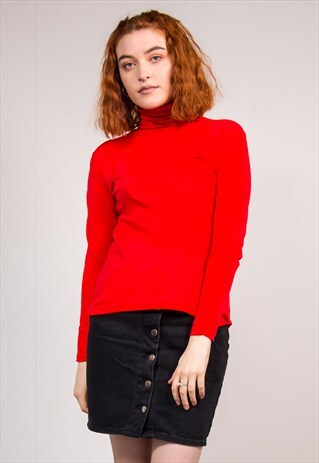 70'S VINTAGE RED ROLL NECK LYCRA STRETCH TOP