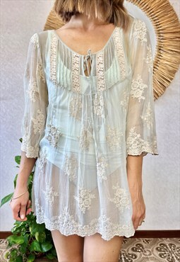 Y2k vintage sheer light blue tunic with floral embroidery