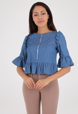 BLUE DENIM FRILL DETAILS PEPLUM STRIPY TOP