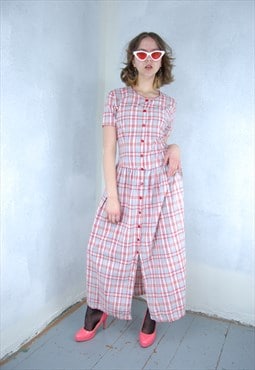 Vintage 90's maxi checkered light baggy button dress in pink