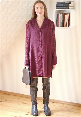 BURGUNDY FLORAL LONG SLEEVE SHIRT STYLE DRESS