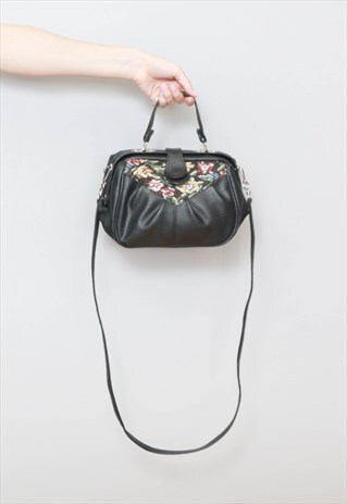 VINTAGE 1980'S PETITE BLACK FLORAL LEATHER HANDBAG