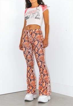 00s Stretchy Snake Printed Flare Trousers