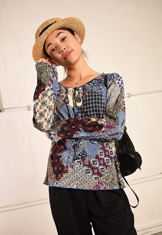 90'S RETRO ABSTRACT BOHO PRINT LOOSE FESTIVAL TUNIC TOP