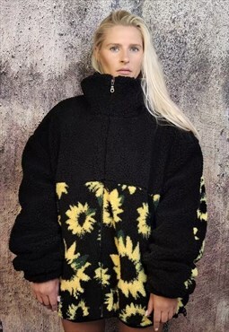 Sunflower fleece bomber handmade daisy floral sports jacket 