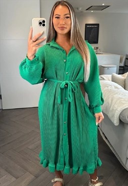 Womens Pleated Button Detail Maxi Shirt Dress in Green