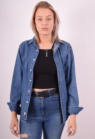 POLO RALPH LAUREN WOMENS VINTAGE DENIM SHIRT MEDIUM BLUE 90S