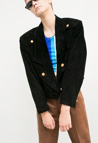 VINTAGE GENUINE LEATHER 80S JACKET BLACK CROPPED RETRO BIKER