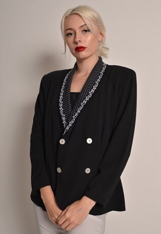 VINTAGE 80S BLACK BLAZER JACKET WITH PATTERNED KNIT TRIM