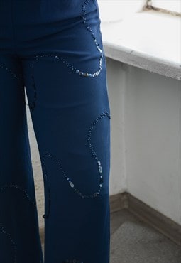 Vintage Navy Blue Beaded Wide Fit Trousers