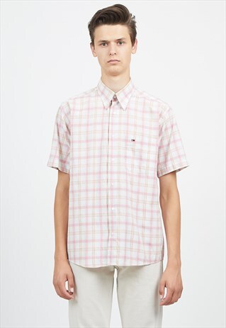 VINTAGE PINK TOMMY HILFIGER CHECKERED SHORT SLEEVE SHIRT