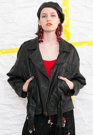 VINTAGE MIDI BLACK LEATHER BIKER JACKET