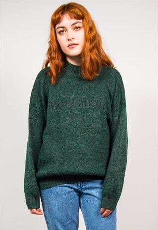 VINTAGE 90'S DARK GREEN BOOKMAN EMBROIDERED KNIT JUMPER