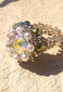 Handmade ring,glass crystal/pearl beaded