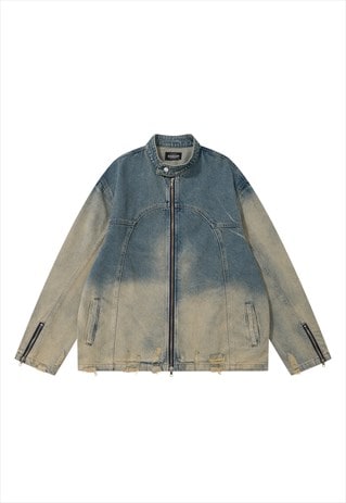 Grunge denim jacket old wash jean bomber in acid blue